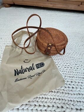 Natural Neo Brown Round Rattan Crossbody Bag with Leather Trim